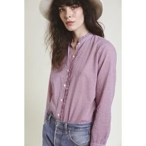 Trovata Birds of Paradis Helena Ruffle-Trim Cotton Gingham Shirt Red Blue XS